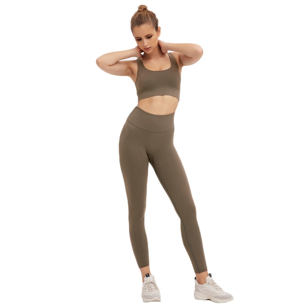 Labakihah yoga pants Women Solid High Waisted Stretchy Slim Fit Sport Yoga  Workout Two-Piece Outfits workout leggings for women Brown 