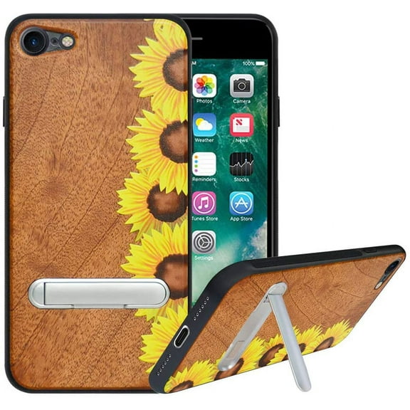 Labanema Apple iPhone 7 /iPhone 8 Case, Apple iPhone 7 /iPhone 8 Cover with Metal Kickstand, Natural Wood TPU Cover, Anti Scratch Case for Apple iPhone 7 /iPhone 8 (Sunflower)