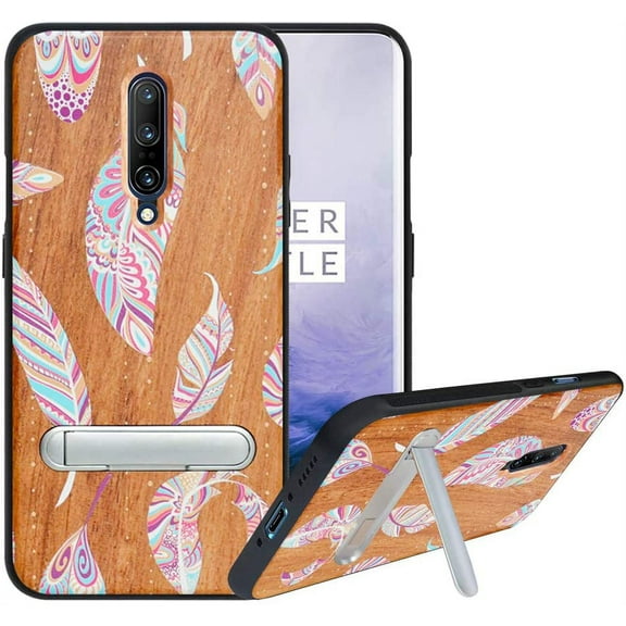 Labanema OnePlus 7 Pro Case, OnePlus 7 Pro Cover with Metal Kickstand, Natural Wood TPU Cover, Anti Scratch Case for OnePlus 7 Pro (Feather)
