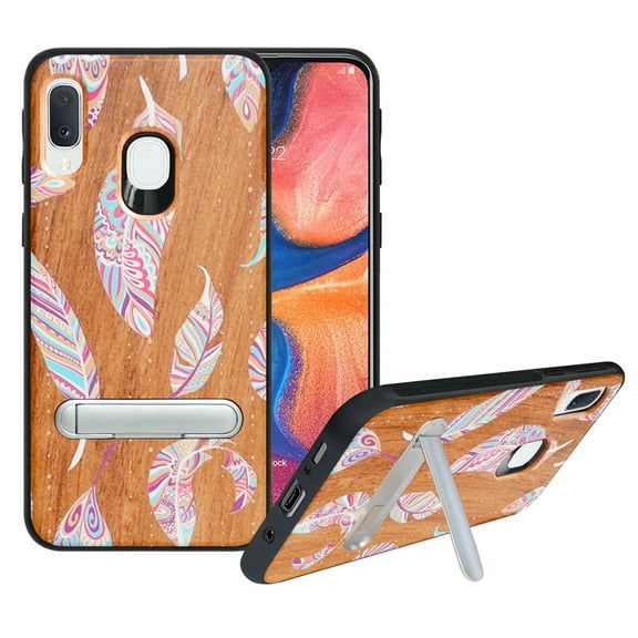 Labanema Samsung Galaxy A20e 2019 Case, Samsung Galaxy A20e 2019 Cover with Metal Kickstand, Natural Wood TPU Cover, Anti Scratch Case for Samsung Galaxy A20e 2019 (Feather)