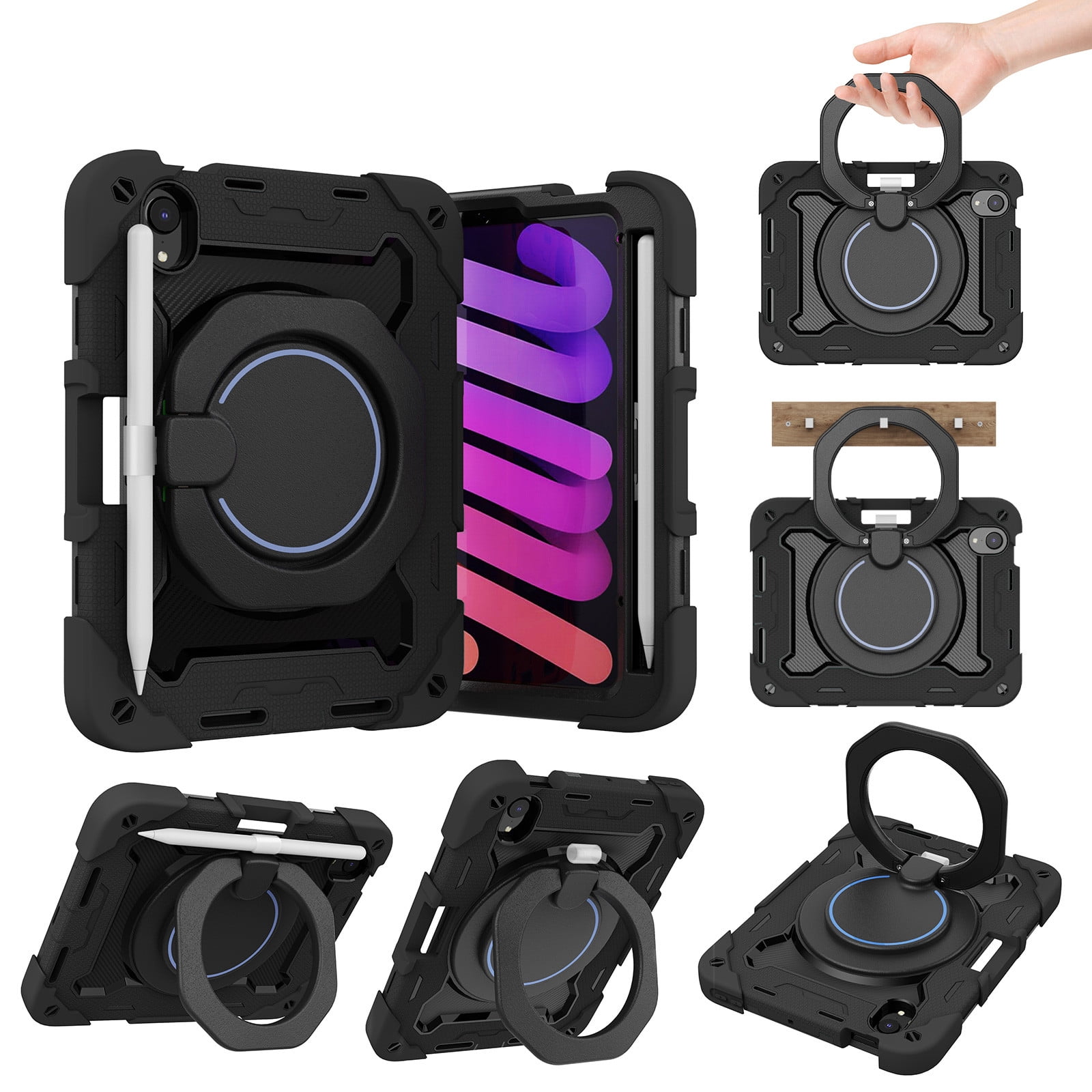 Labanema iPad Mini 6 Case, Mini iPad 6 Case with 360 Degree Swivel Kickstand Pencil Holder, Anti Shock Apple iPad Mini 6 Case, iPad Mini 6 2021 Case (Black)