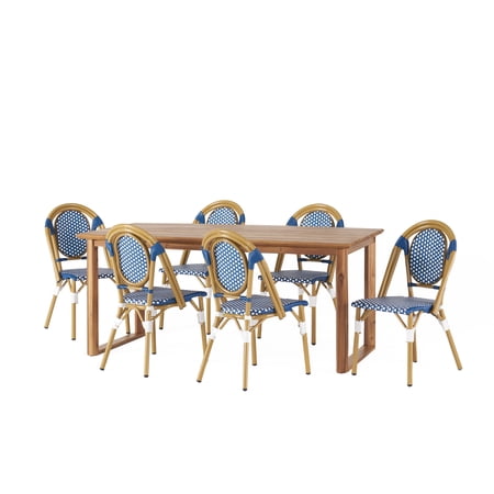Labaron Acacia Wood and Wicker Outdoor 7 Piece Dining Set, Teak, Blue, and White