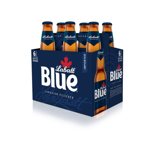 Labatt Blue Beer, Canadian Pilsner, 6 pack, 11.5 fl oz Glass Bottles, 4.7% ABV