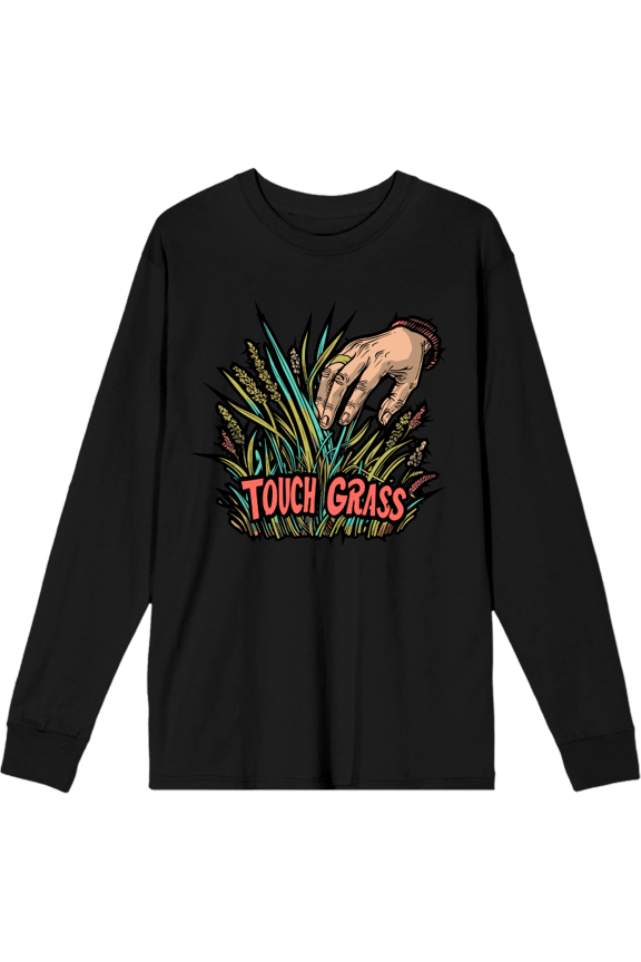 Labbing Touch Grass Gamer Nerd Adult Black Crew Neck Long Sleeve Tee-Medium