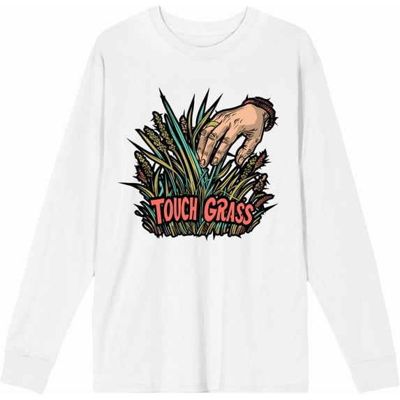 Labbing Touch Grass Gamer Nerd Adult White Crew Neck Long Sleeve Tee-Large