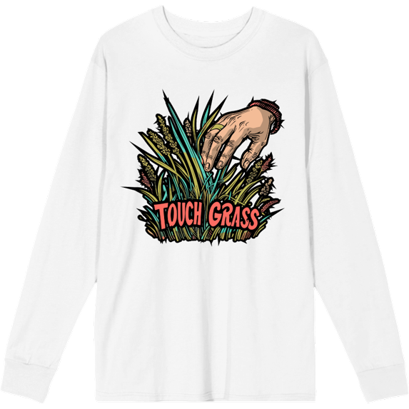 Labbing Touch Grass Gamer Nerd Adult White Crew Neck Long Sleeve Tee-Large