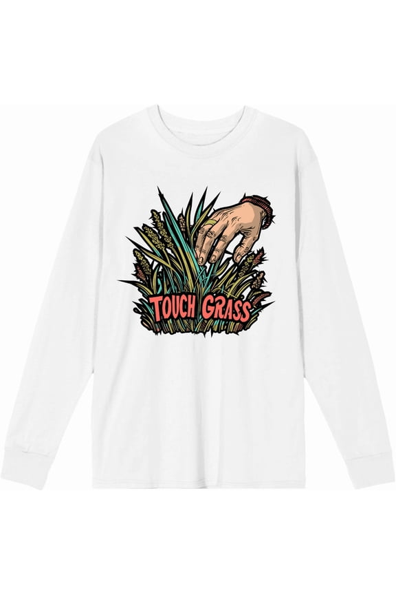Labbing Touch Grass Gamer Nerd Adult White Crew Neck Long Sleeve Tee-Small