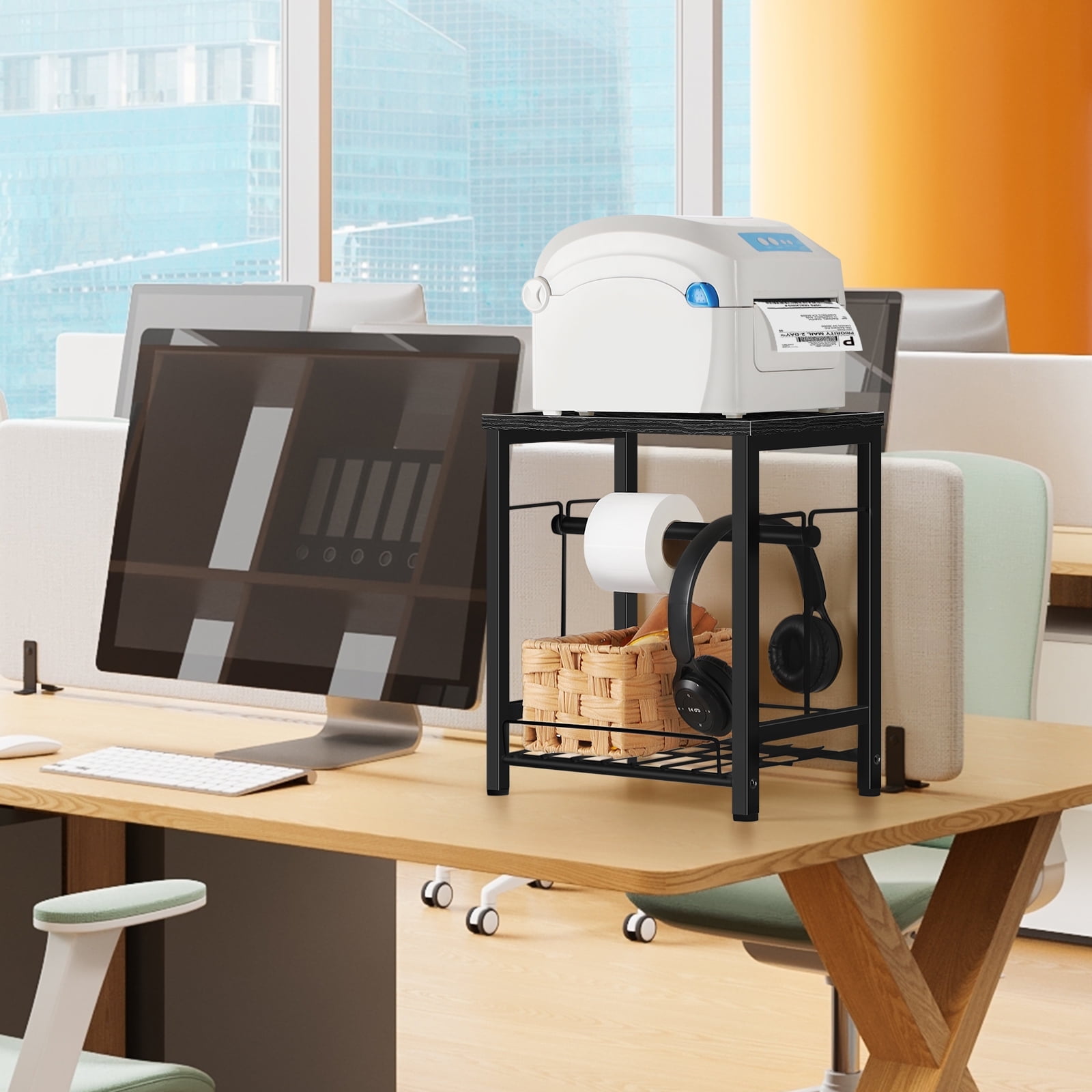 Label Holder Stand for Thermal Printer with Storage Basket, Wood ...