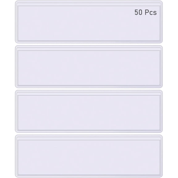 Label Holders, 50 pcs Plastic Label Pockets Self Adhesive Clear Shelf Tag Index Card Pockets Storage Bin Labels Drawer Labels Holder for Supermarket Bookshelf Kitchen Library Organizing (11 * 3cm)