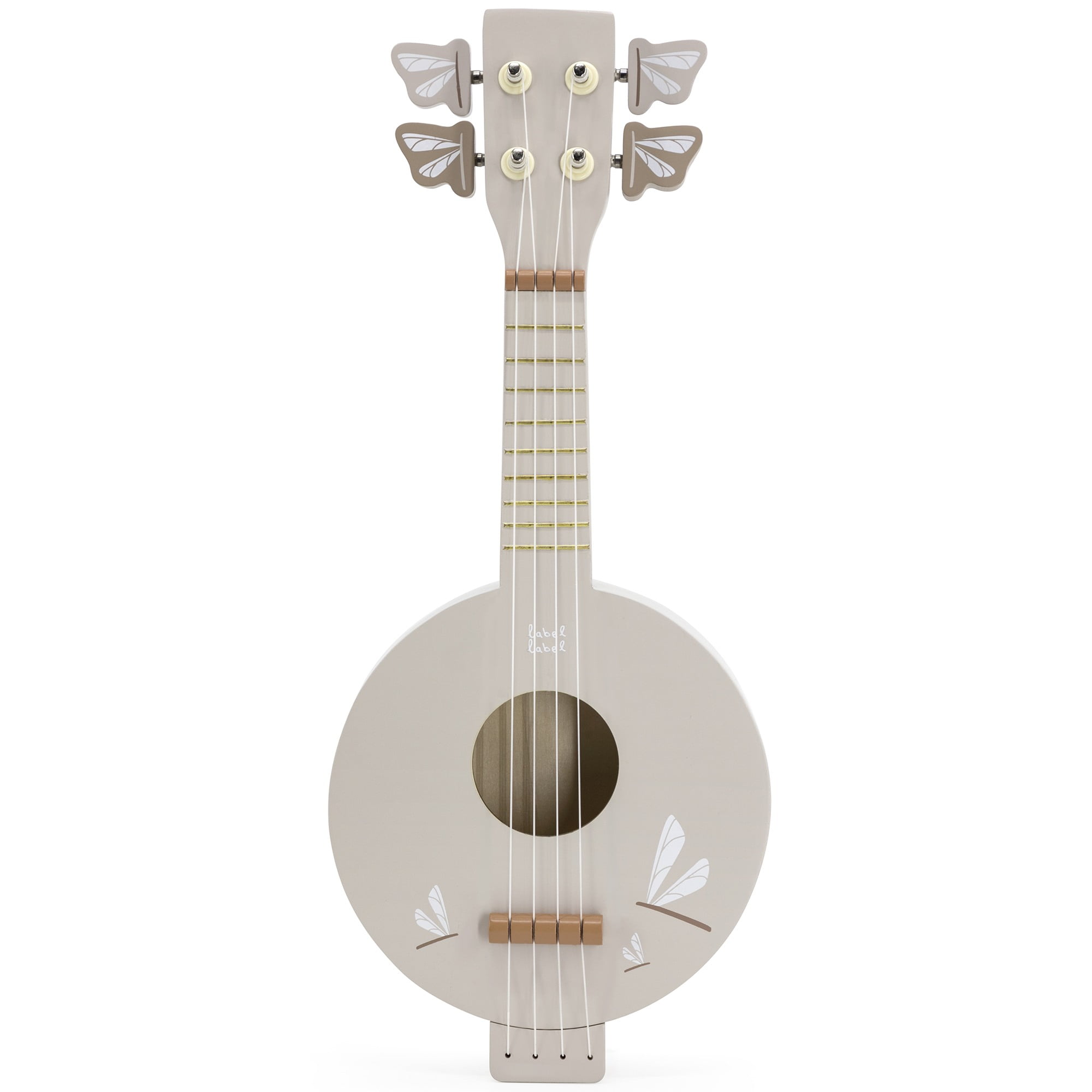 Label Label: Wooden Banjo - Tan - Musical Instrument Toy, 4 High-Quality Strings, Tuning Pegs, Classic Banjo Sound, Dragonfly Design, Kids Ages 3+