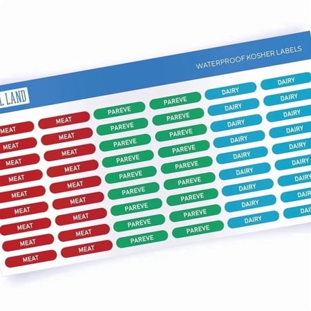 Label Land Kosher Sticker Labels (English Text), Pack of 108 - Meat, Dairy, Pareve, Dishwasher safe