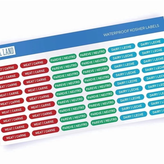 Label Land Kosher Kitchen Sticker Labels, 108 Count, Spanish English Text, Color Coded Meat Dairy Pareve, Dishwasher Safe