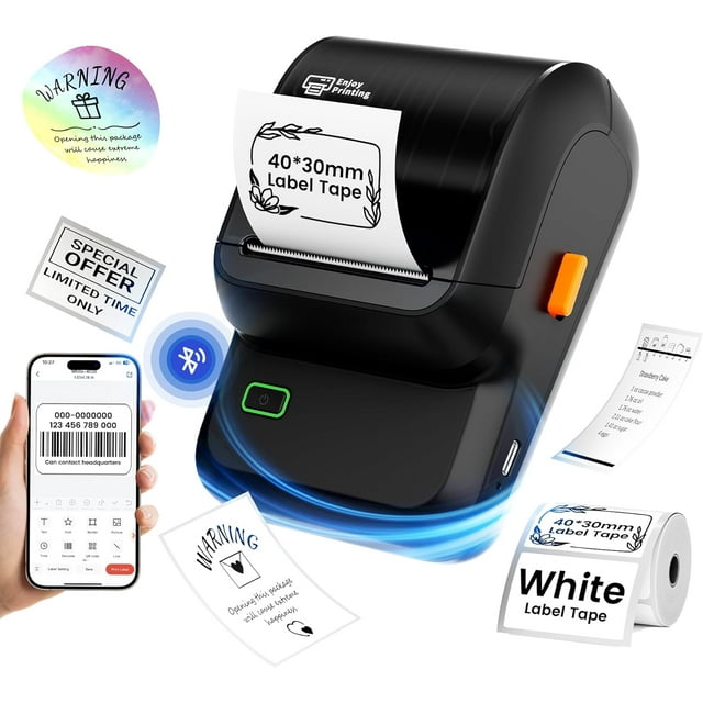 Label Maker-Barcode Label Printer, Bluetooth Label Maker Machine with Tapes for Small Business,Home Use,Logo,Sticker Printer with 80 Fonts & 300 Templates, Black