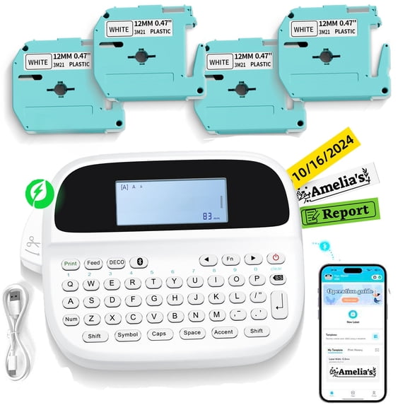 Label Maker Machine With 4 Tapes Rechargeable Backlit Labeler For 12mm 0.47 White Waterproof-labels Printer Replacement Brother Ptouch Office Home School