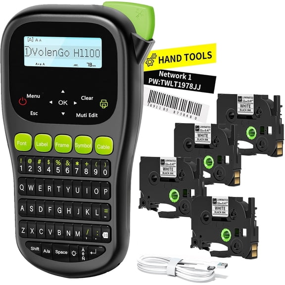Label Maker Machine with 4 Tapes, Wire Label Maker Waterproof-Labels, Laminated Handheld Label Printer, Backlit & Portable & 3 Cable Modes, H1100 Labeler for Industrial Office Organization