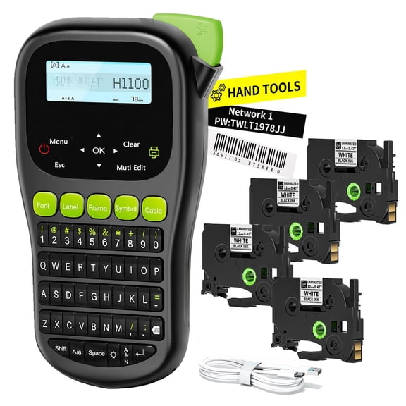 Label Maker Machine With 4 Tapes Wire Waterproof-labels Laminated Handheld Printer Backlit & Portable 3 Cable Modes H1100 Labeler For Industrial Office Organization