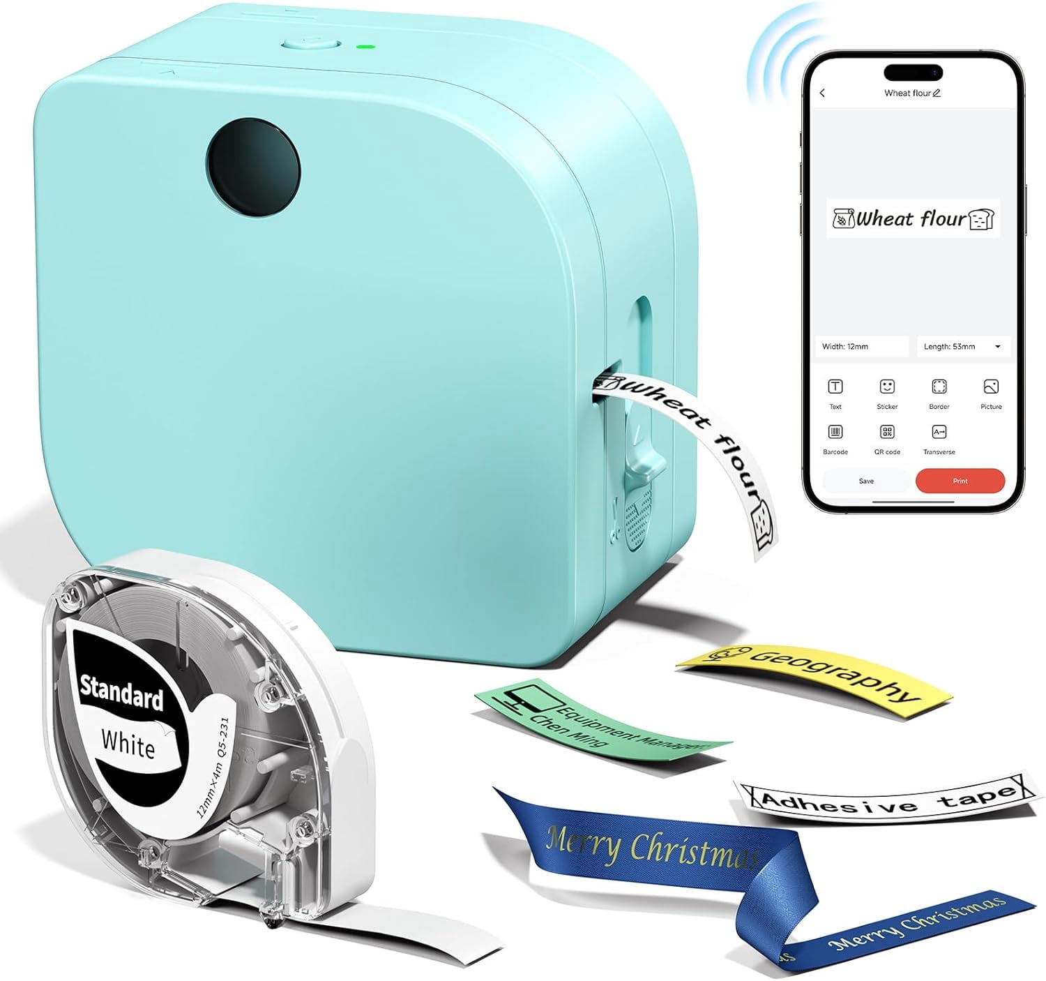 Label Maker Machine with Tape P12 Bluetooth Mini Makers Thermal Transfer Ribbon Printer Typewriters Templates for Home School Clothes Gift Wrapping Office Green