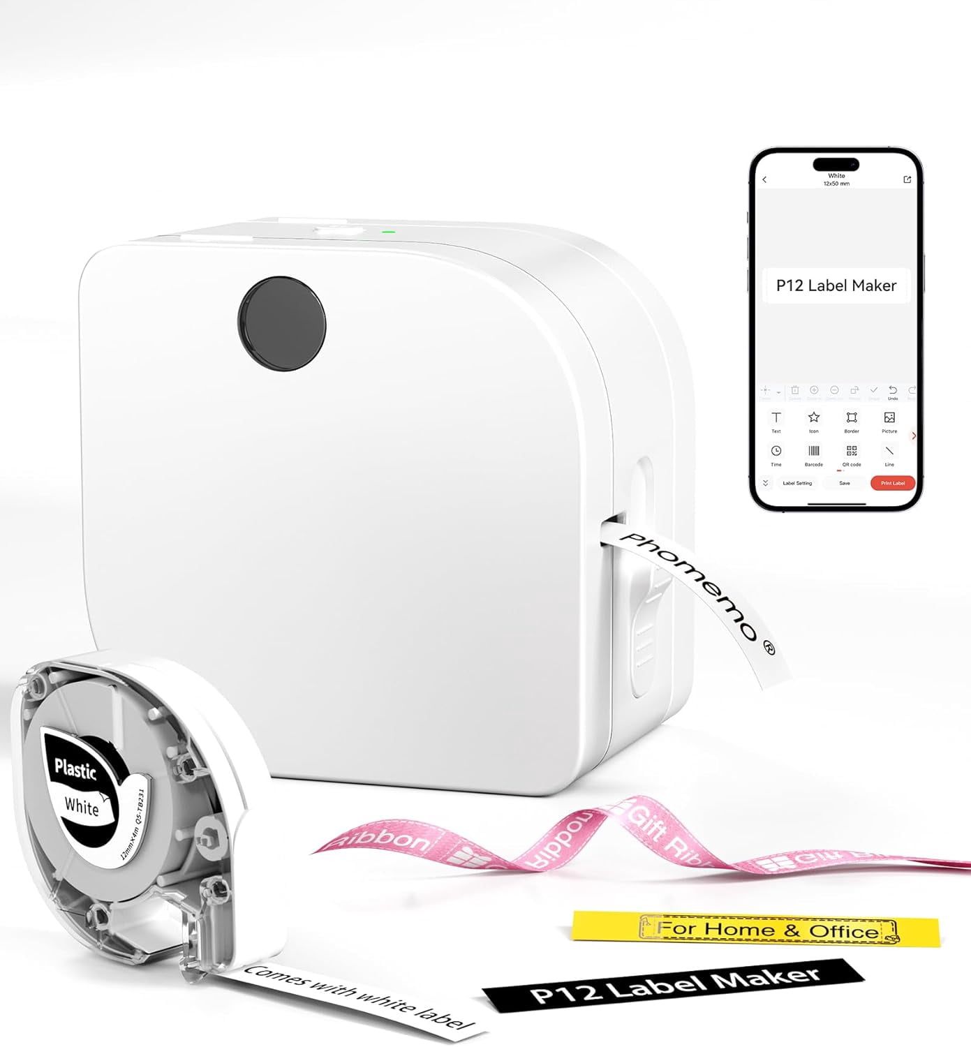 Label Maker Machine with Tape, P12 Bluetooth Small Label Maker with Multiple Templates Thermal Transfer Ribbon Printer Machine for Home, School, Gift Wrapping, Office, White