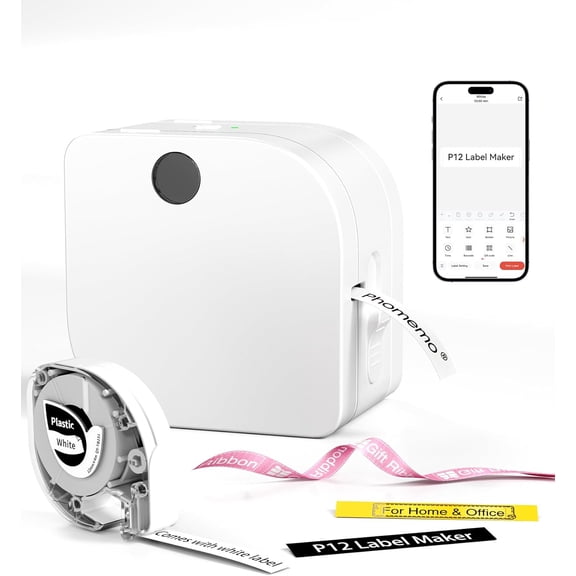 Label Maker Machine with Tape, P12 Bluetooth Small Label Maker with Multiple Templates Thermal Transfer Ribbon Printer Machine for Home, School, Gift Wrapping, Office, White