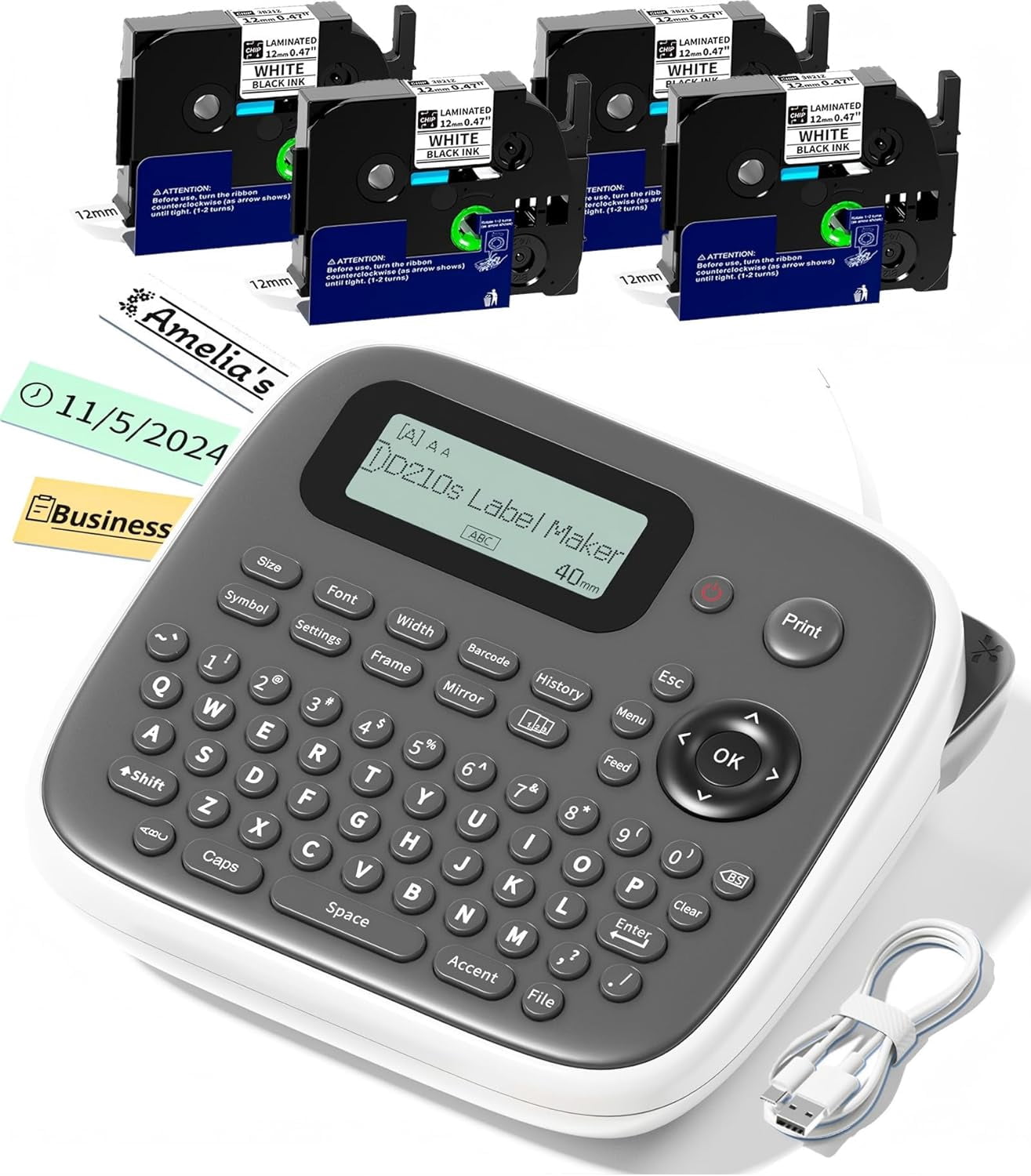 Label Maker Waterproof Labels, Labeler Machine with Tape, 16+ Bolder/Handwritten Fonts & Intuitive Shortcut Keys, 12mm Removable Freezer Food Labels for Jars/Containers/Bottle