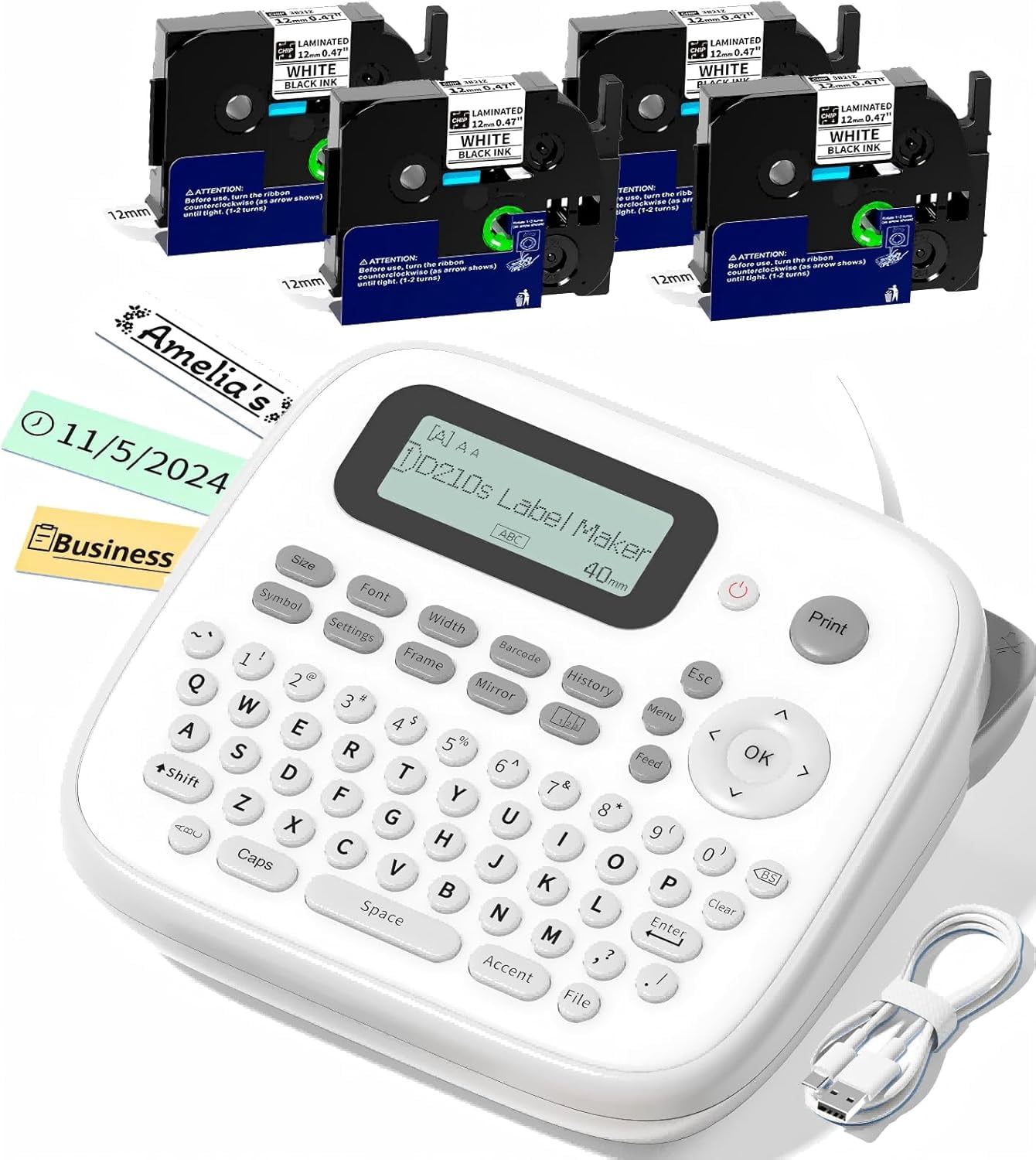 Label Maker Waterproof Labels, Labeler Machine with Tape, 16+ Bolder/Handwritten Fonts & Intuitive Shortcut Keys, 12mm Removable Freezer Food Labels for Jars/Containers/Bottle