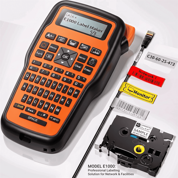 Label Printer, Phomemo E1000-PROMAX Portable Printer. Handheld label maker for wire and cable labeling, ideal for industrial use, computer room wiring arrangement and circuit organization.