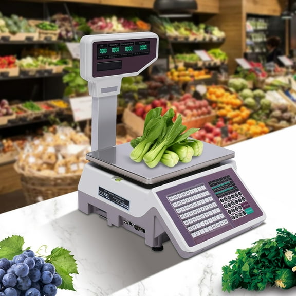 Label Printing Scale with Barcode and Receipt Printer, 66.13lbs Capacity, LCD Display for Retail, Supermarkets & Food Shops