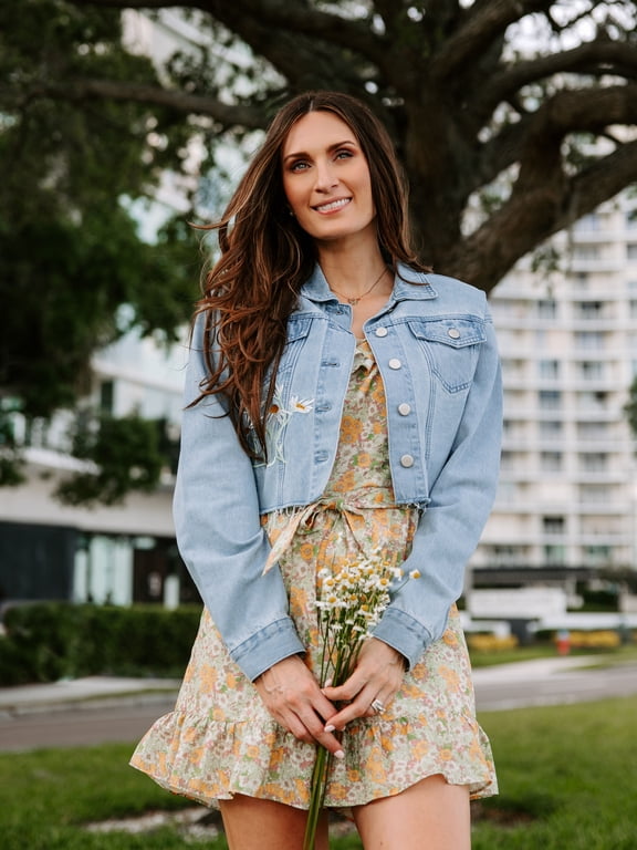 Women's Cropped Distressed Denim Jacket with Embroidery