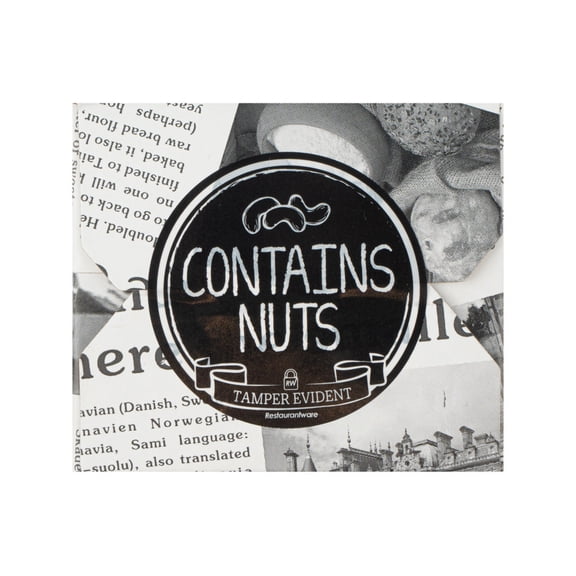Label Tek Plastic Contains Nuts Label - Black with White Font, Tamper-Evident - 2" x 2" - 500 count box - Restaurantware