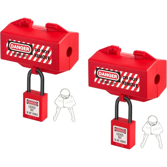 Label locking plug locking device - 2 red polypropylene plug locking devices, suitable for 110 and 220-volt power lines, medium industrial-grade power line locking device, with 2 locking holes, meets