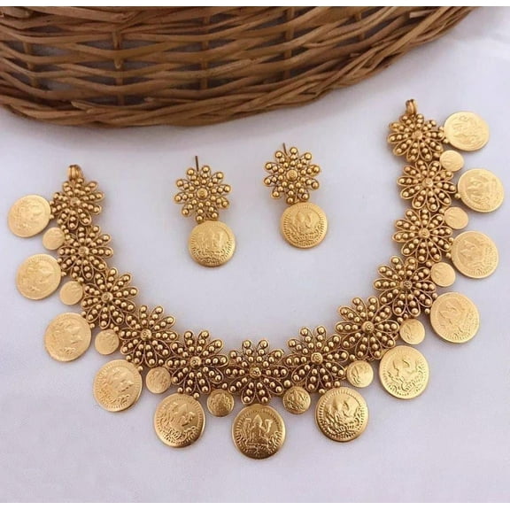 LabelByTanu Indian Gold Plated Matte Finish Maa Laxmi Coin Printed Choker Necklace Set