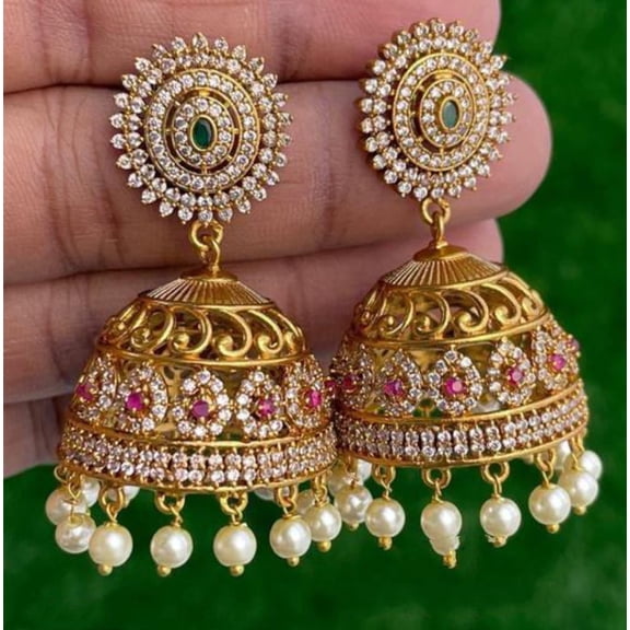 LabelByTanu Indian Golden Touch Matte Finish Cubic Zirconia Jhumki Earrings