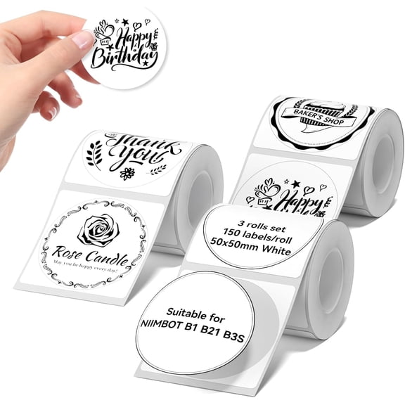 Labels 3 Rolls Set for B1/B21/B3S Sticker Printer, 50 x 50 mm (1.97'' x 1.97'') 150 Labels/Roll, Refill Labeling Tape for Home School Office Small Business, White
