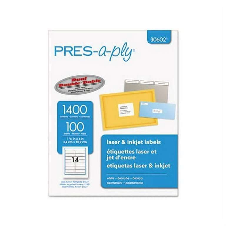 White Labels, Inkjet/Laser Printers, 1.33 x 4, White, 14/Sheet, 100 Sheets/Box