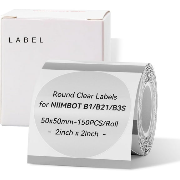 Labels for B1/B21/B3S/K3 Printer - 2'' x 2'' (50x50mm) Thermal Labels, Waterproof & Oil-Proof, 1 Roll of 150 Round Clear Stickers