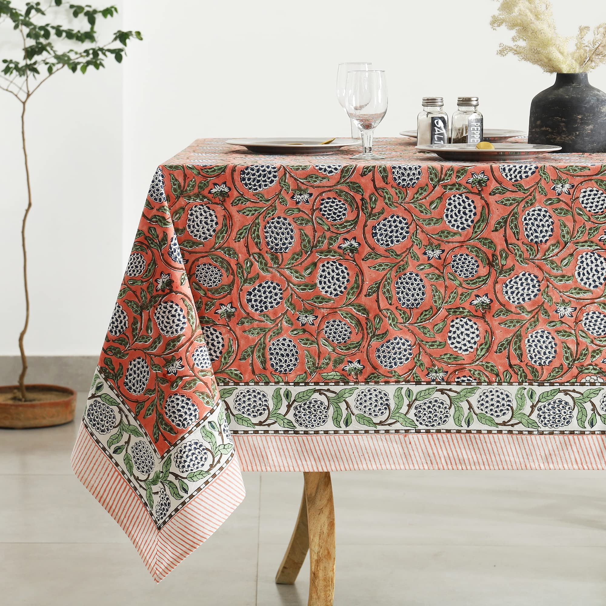Labhanshi Hand Block Print Cotton Tablecloth - 72x135 Inches Rectangle, Burnt Orange Floral Fall Design For 10-Seater Table