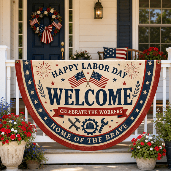 Labor Day American Flag Porch Banner, Patriotic Welcome Porch Decor