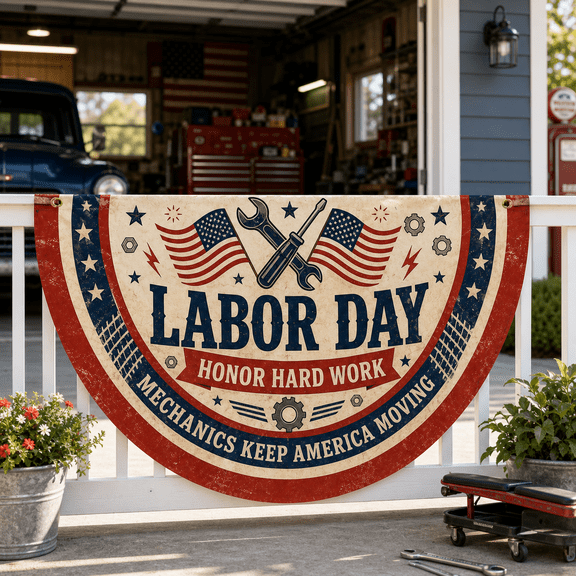 Labor Day American Flag Porch Banner for Mechanics, Patriotic Garage Decor