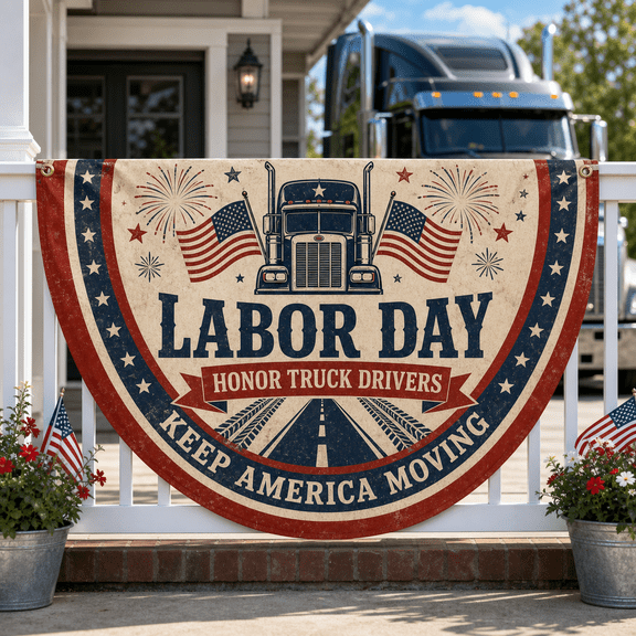 Labor Day American Flag Porch Banner for Truck Drivers, Patriotic Outdoor Decor