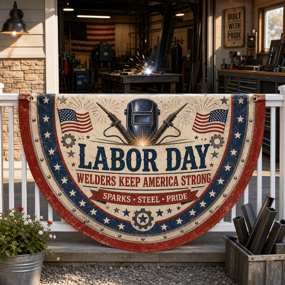 Labor Day American Flag Porch Banner for Welders, Patriotic Shop Decor