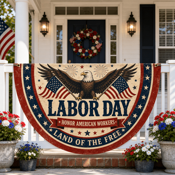 Labor Day American Flag Porch Banner with Eagle Patriotic Outdoor Decoration