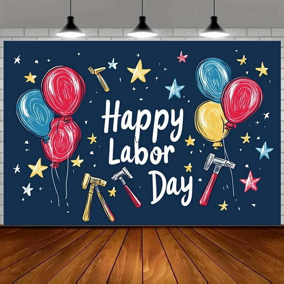 Labor Day Celebration Backdrop with Colorful Balloons, Stars & Tools – Vibrant Polyester Photo Booth Banner for Parties, Birthdays, and Festive Gatherings