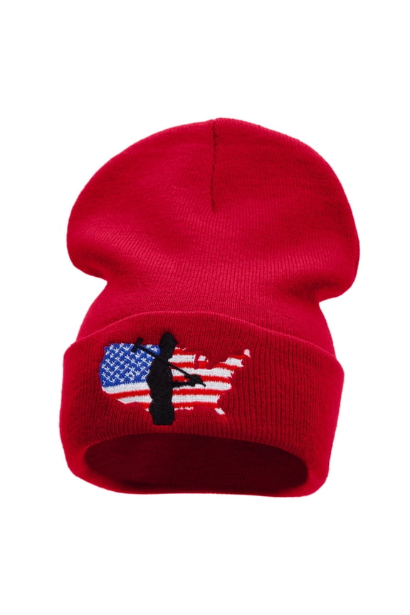 Labor Day Embroidered 12 Inch Long Knitted Beanie - Red OSFM