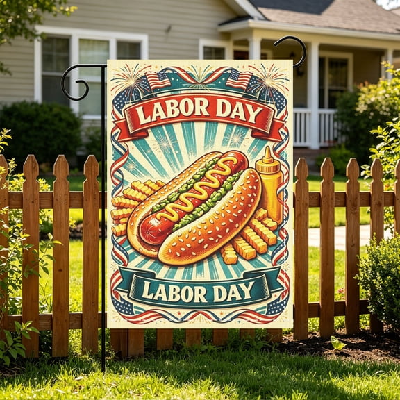 Labor Day Patriotic Hot Dog Fast Food 2D Double Sided Printed Garden Flag, 12x18 Inch Flagpole Not Included, Front Porch Yard Labor Day Holiday Party Decor Gift Thanksgiving Christmas