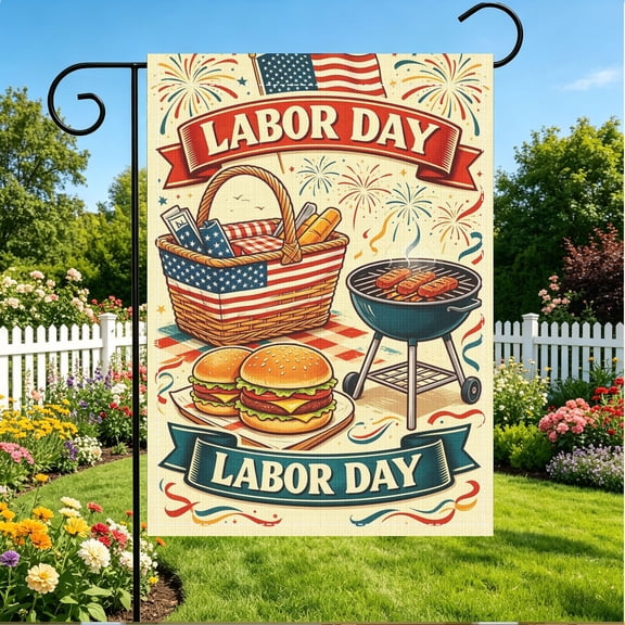 Labor Day Picnic Basket Hamburger Red White Blue Double Sided Garden Flag, 12x18 Inch No Flagpole, Front Porch Lawn Labor Day Celebration Decor Gift Thanksgiving Christmas