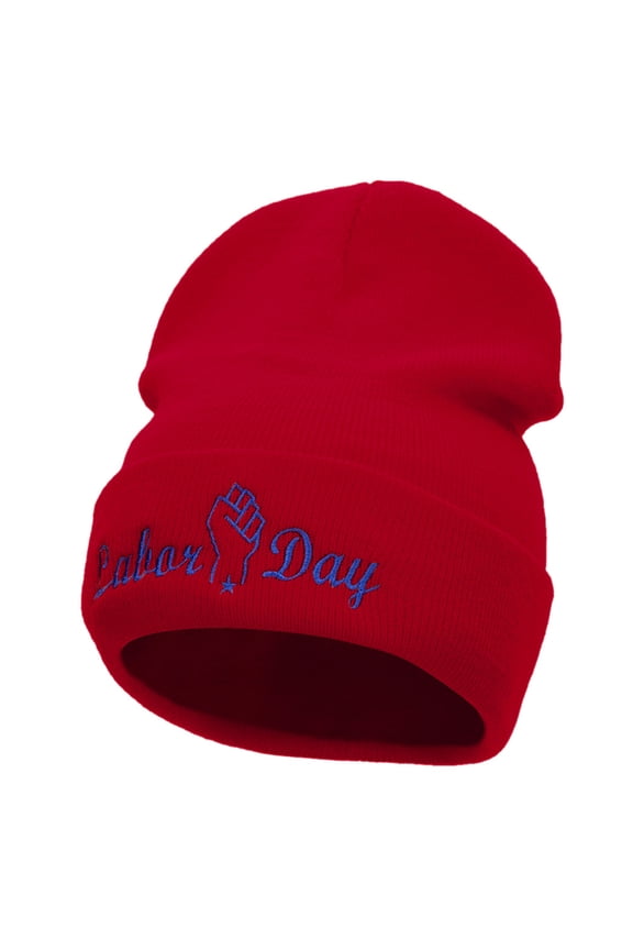 Labor Day Raised Fist Embroidered 12 Inch Long Knitted Beanie - Red OSFM