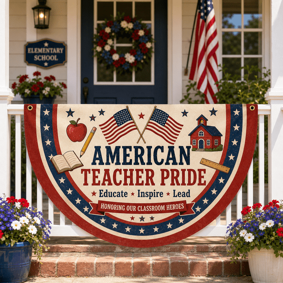 Labor Day Teacher Semi Circle Flag Banner, American Teacher Pride Porch Decor