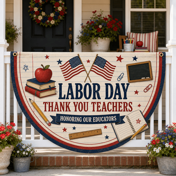Labor Day Teacher Semi Circle Flag Banner, Patriotic Thank You Teachers Porch Sign