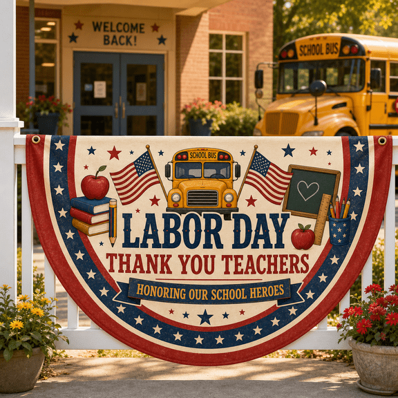 Labor Day Teacher Semi Circle Flag Banner, School Bus Thank You Teachers Decor