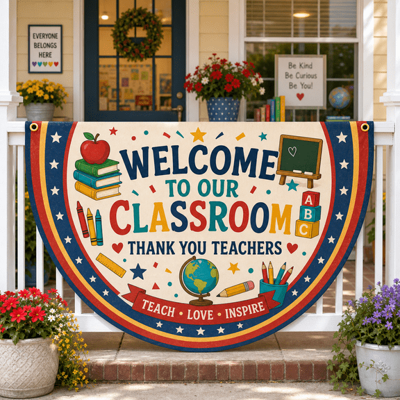 Labor Day Teacher Semi Circle Flag Banner for Classroom Porch Welcome Decor